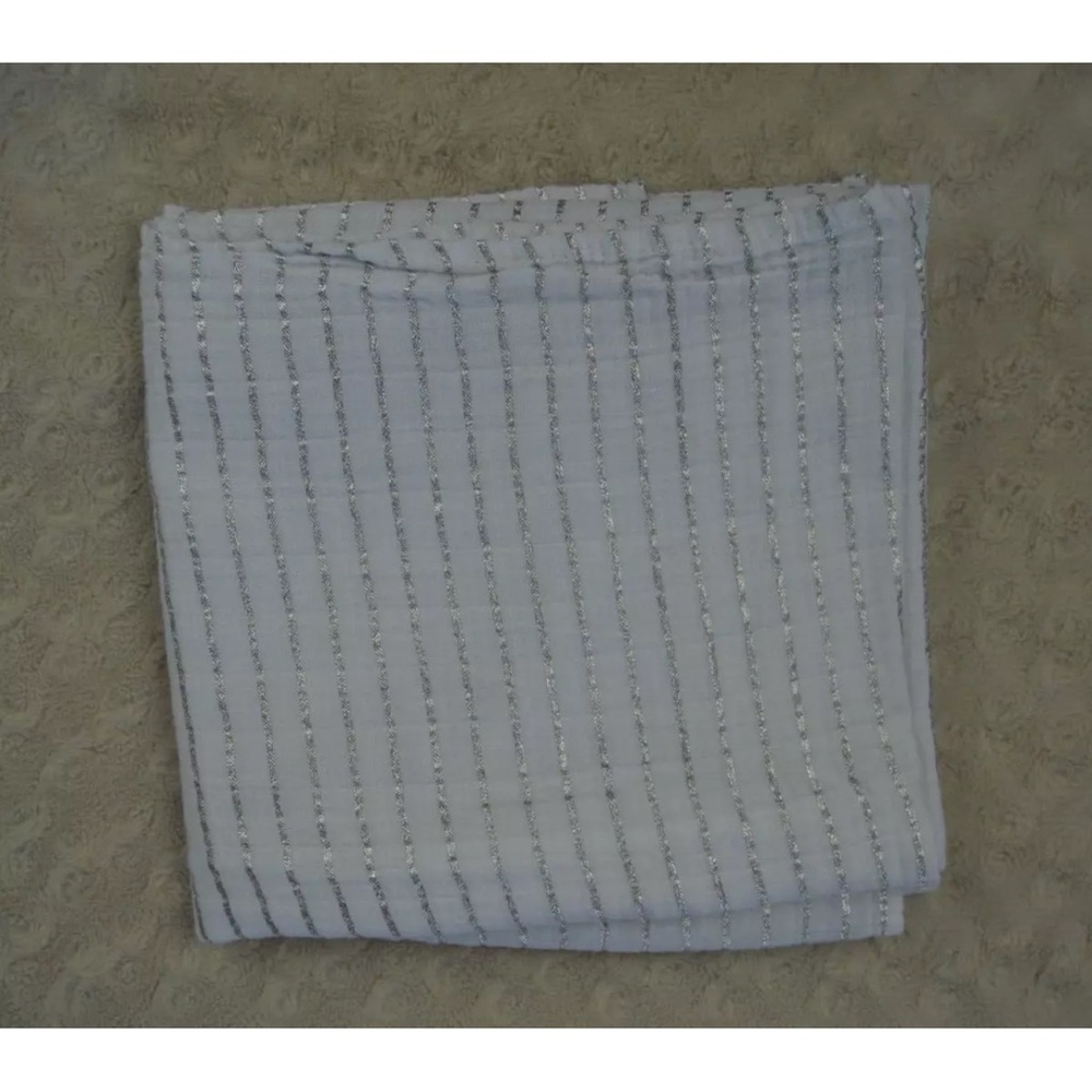 Okie Dokie Silver Stripes Baby Swaddle Blanket White Muslin Cotton